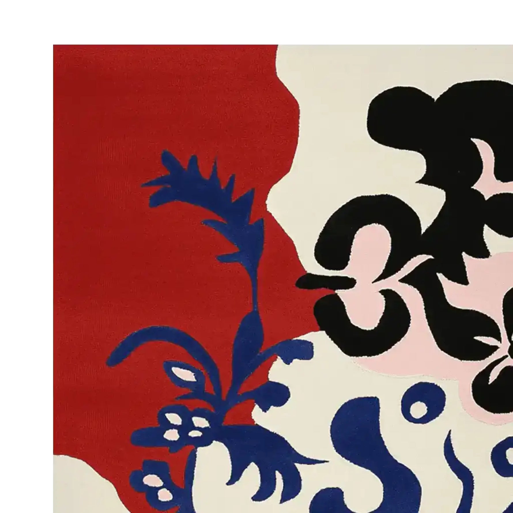 A vibrant area rug featuring a bold floral form abstraction in rich red, deep blue, and black on a cream background. This contemporary wool rug is perfect for large living room spaces, adding a modern artistic touch to any home decor.