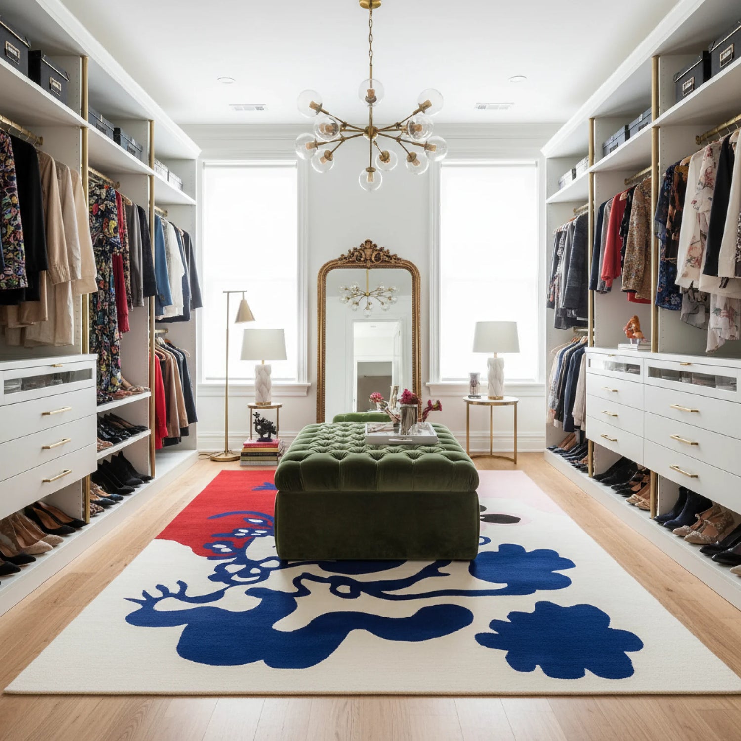 Modern walk-in closet with white shelves, colorful rug, and decorative mirror.