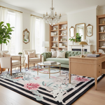 Living room with a floral rug, green sofa, and wooden coffee table.