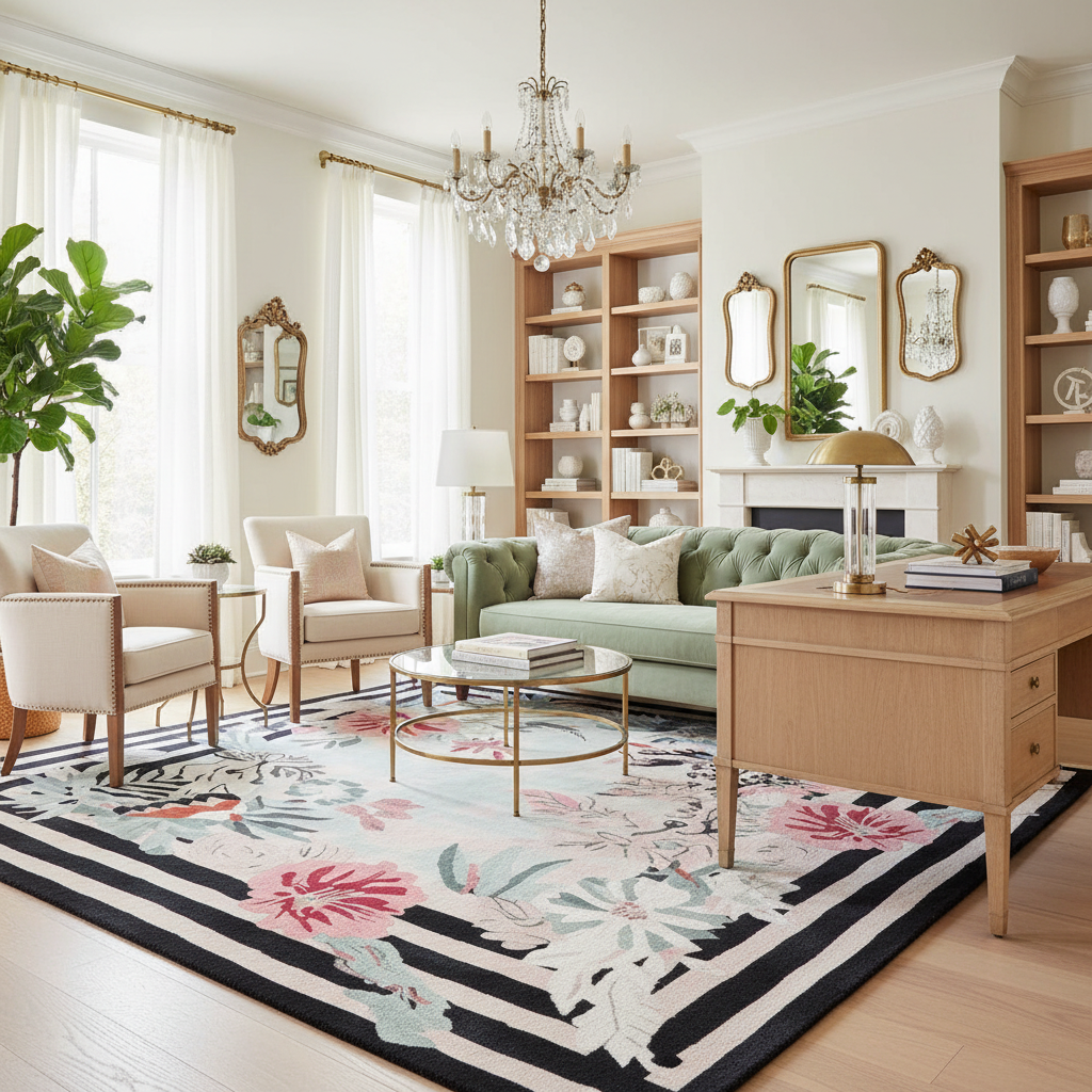 Living room with a floral rug, green sofa, and wooden coffee table.