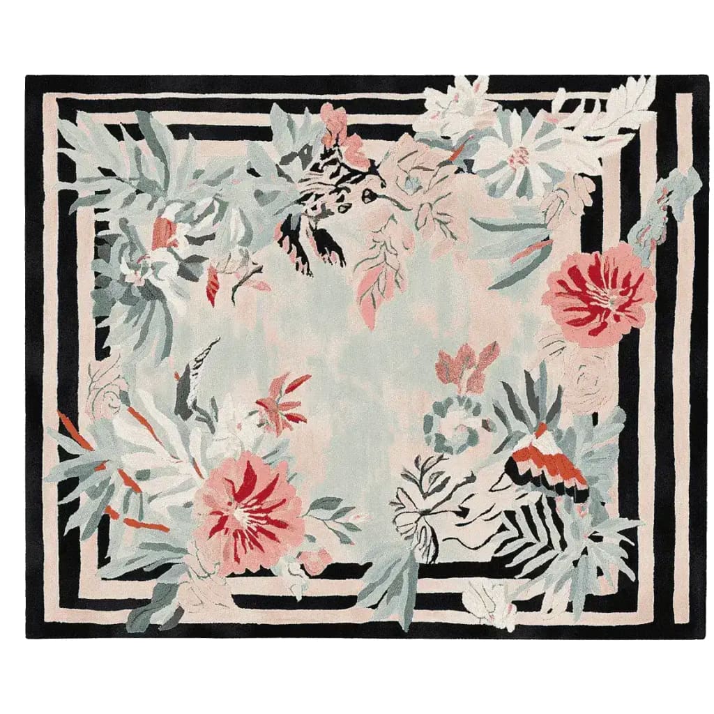 A beautiful floral frame reverie hand-tufted area rug featuring intricate floral designs in soft pastel colors. Perfect for adding a touch of elegance to any living room, this wool rug showcases detailed craftsmanship and vibrant floral patterns.