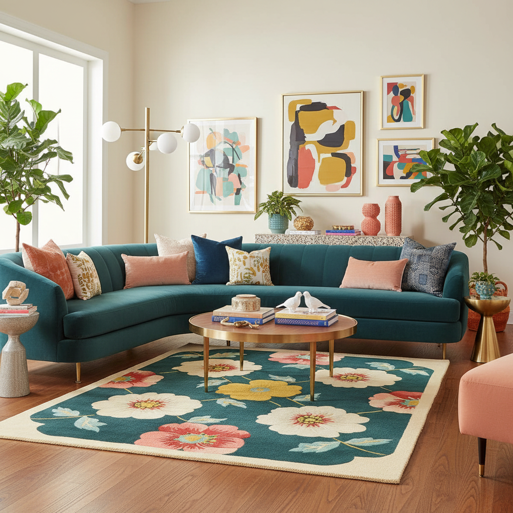 Living room with teal sectional sofa, colorful rug, and abstract art on the wall.