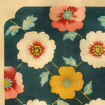 Close-up image of the Floral Frenzy Hand Tufted Wool Rug, showcasing vibrant floral patterns in red, white, and yellow on a deep blue background. This contemporary area rug is perfect for adding a touch of elegance to bedrooms or living rooms. Ideal as an 8x10 living room rug or a stylish addition to any bedroom decor.