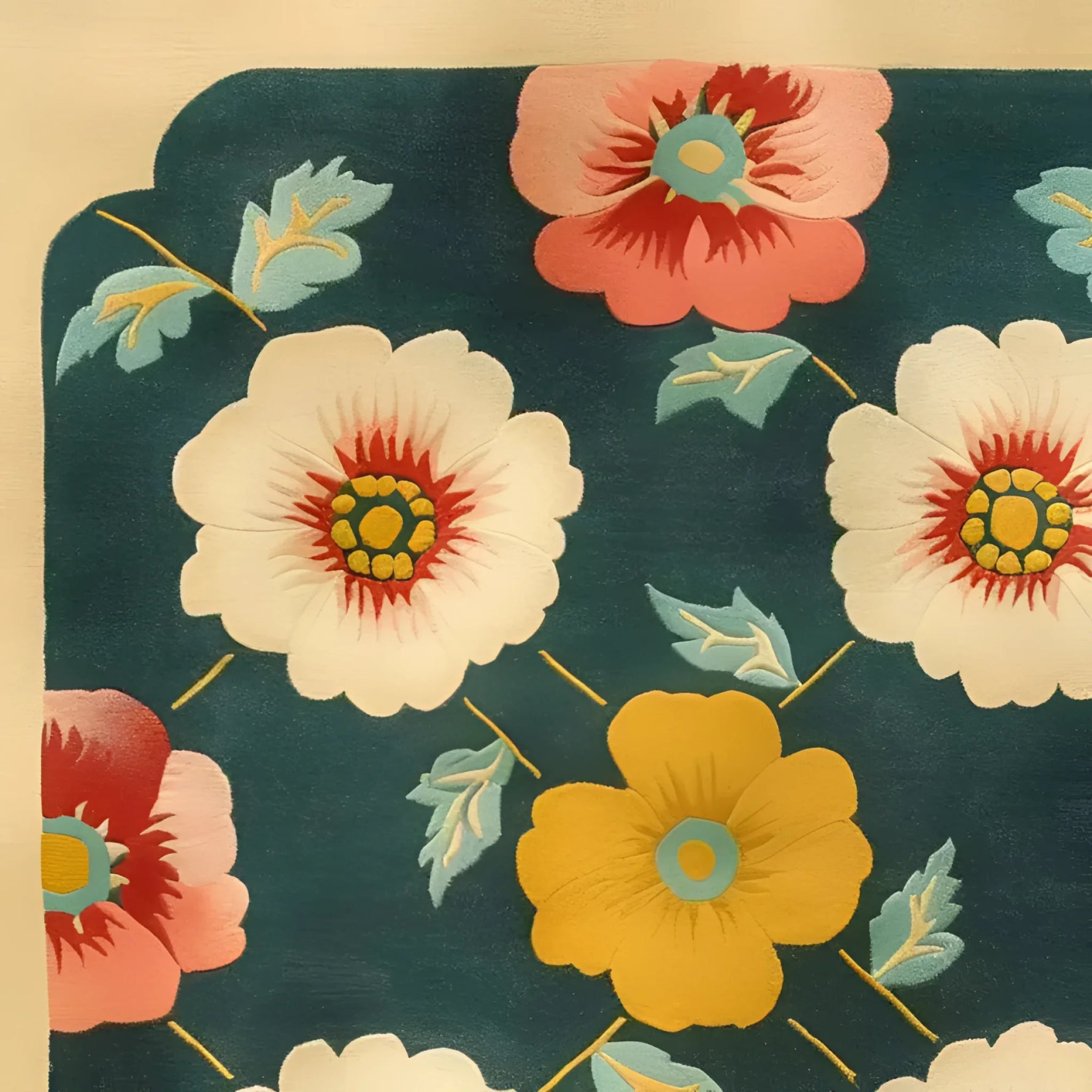 Close-up image of the Floral Frenzy Hand Tufted Wool Rug, showcasing vibrant floral patterns in red, white, and yellow on a deep blue background. This contemporary area rug is perfect for adding a touch of elegance to bedrooms or living rooms. Ideal as an 8x10 living room rug or a stylish addition to any bedroom decor.