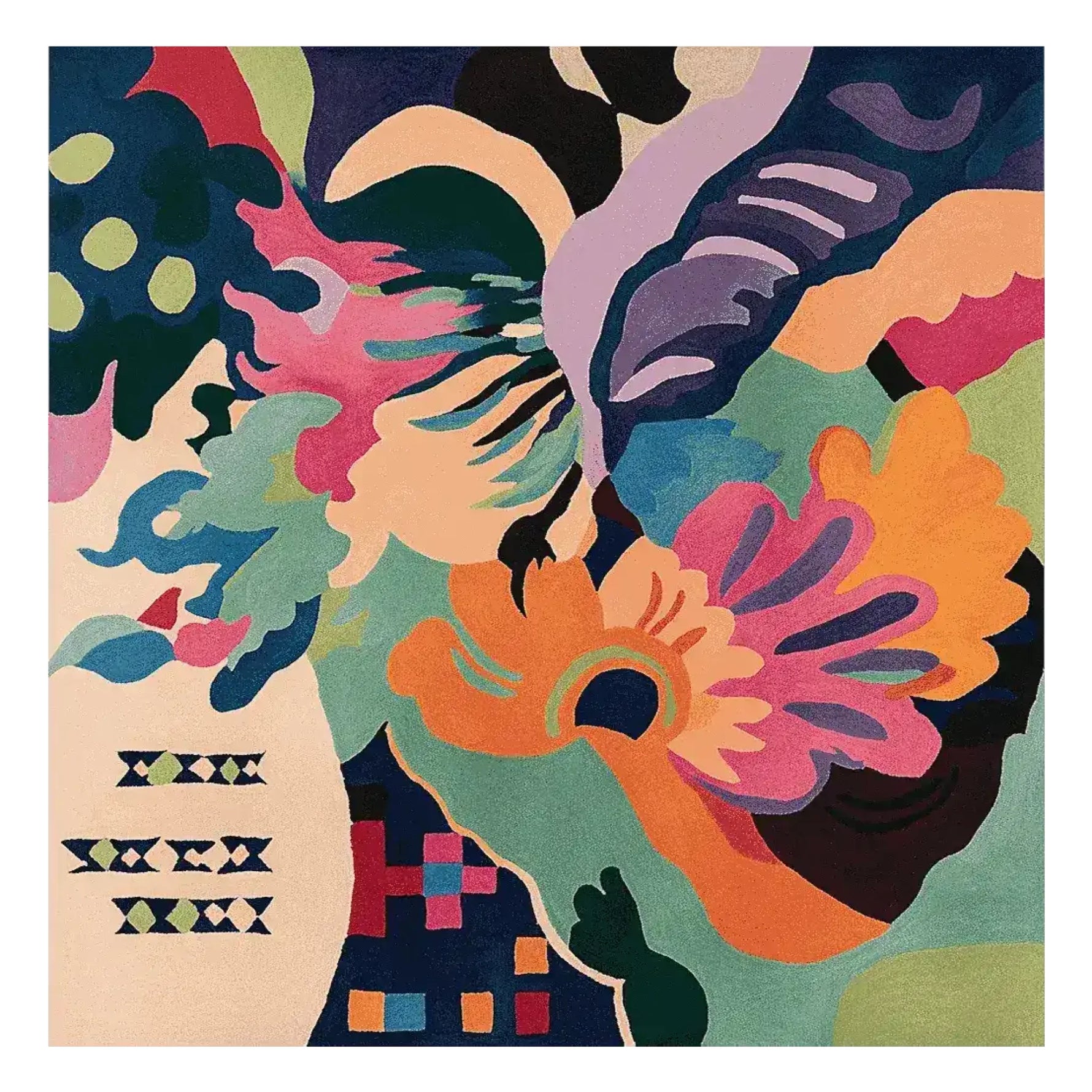 Vibrant and colorful Floral Fusion Frenzy hand-tufted area rug, showcasing an abstract design with bold floral patterns. This contemporary square rug is perfect for adding a pop of color to large living room spaces. Made from high-quality wool, this living room area rug combines style and comfort, making it an ideal choice for those seeking a modern aesthetic.