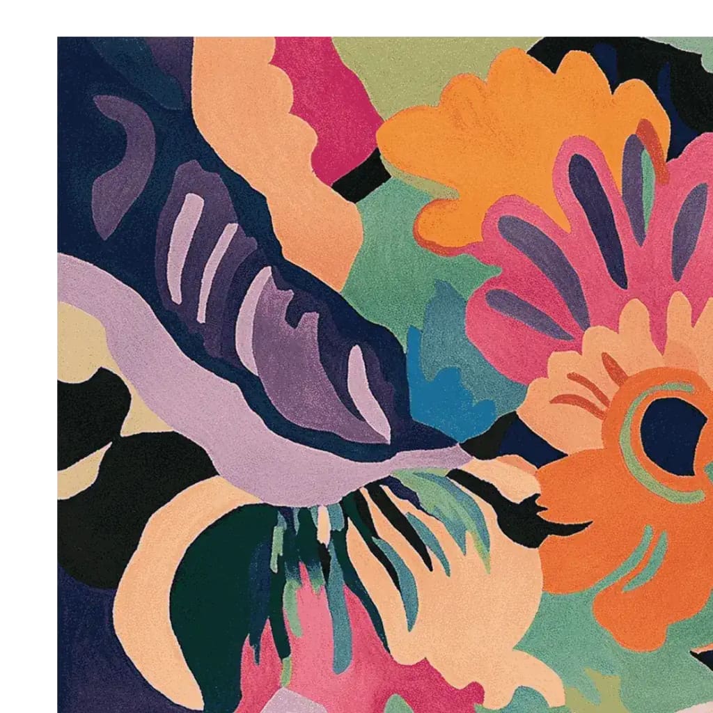 Vibrant contemporary square area rug featuring a hand-tufted floral design with bold colors like orange, purple, and pink. Perfect for large living rooms, this wool rug adds a touch of modern elegance.
