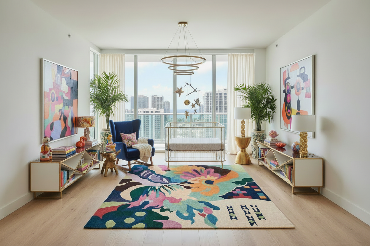 Modern nursery room with colorful rug, furniture, and large windows.