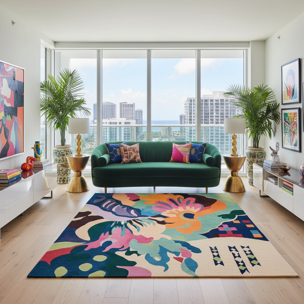 Modern living room with a green sofa, colorful rug, and large windows.