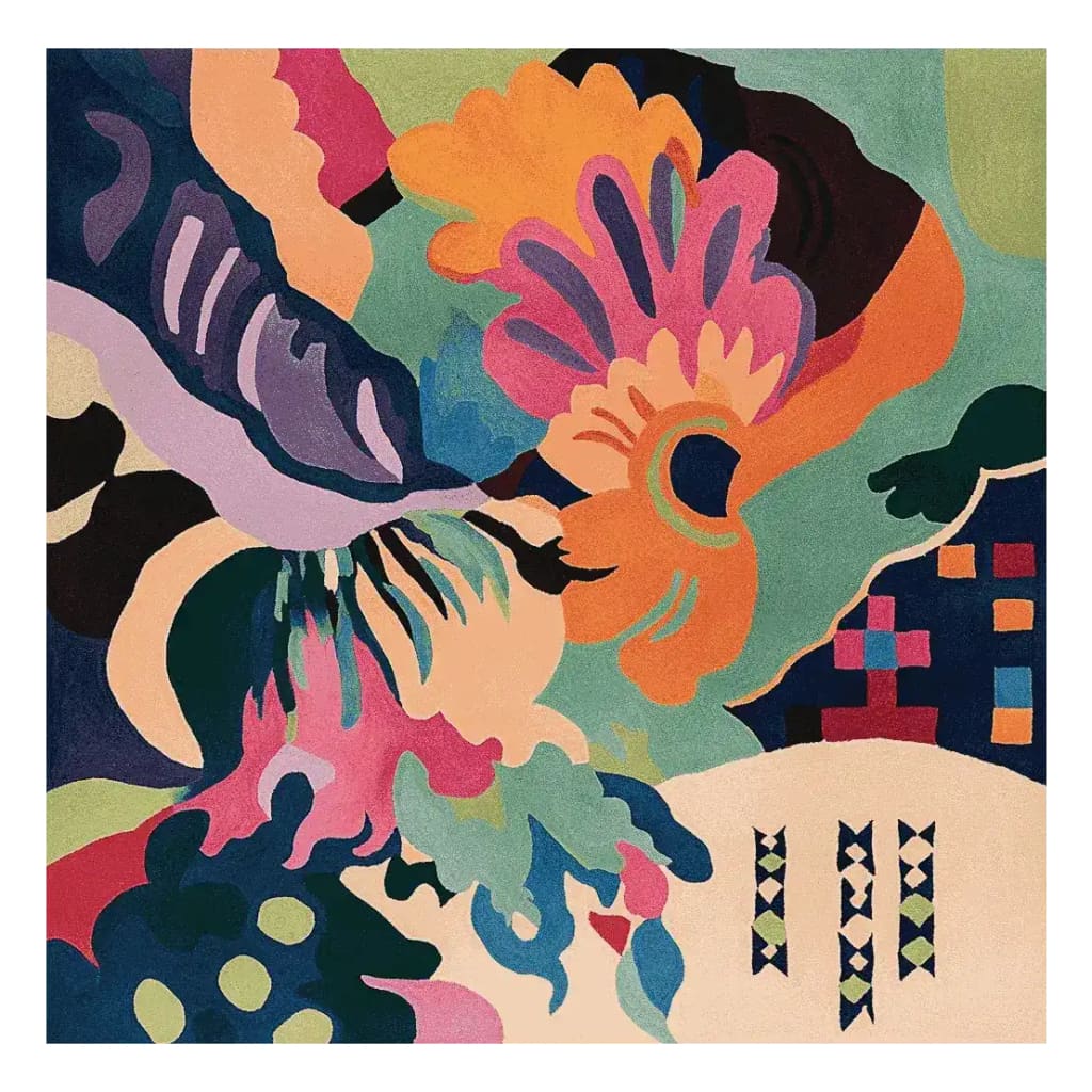 Vibrant and colorful Floral Fusion Frenzy hand-tufted area rug in a square shape, showcasing a contemporary design with abstract floral patterns. Ideal for large living rooms, this wool rug adds a striking artistic touch to your living space.