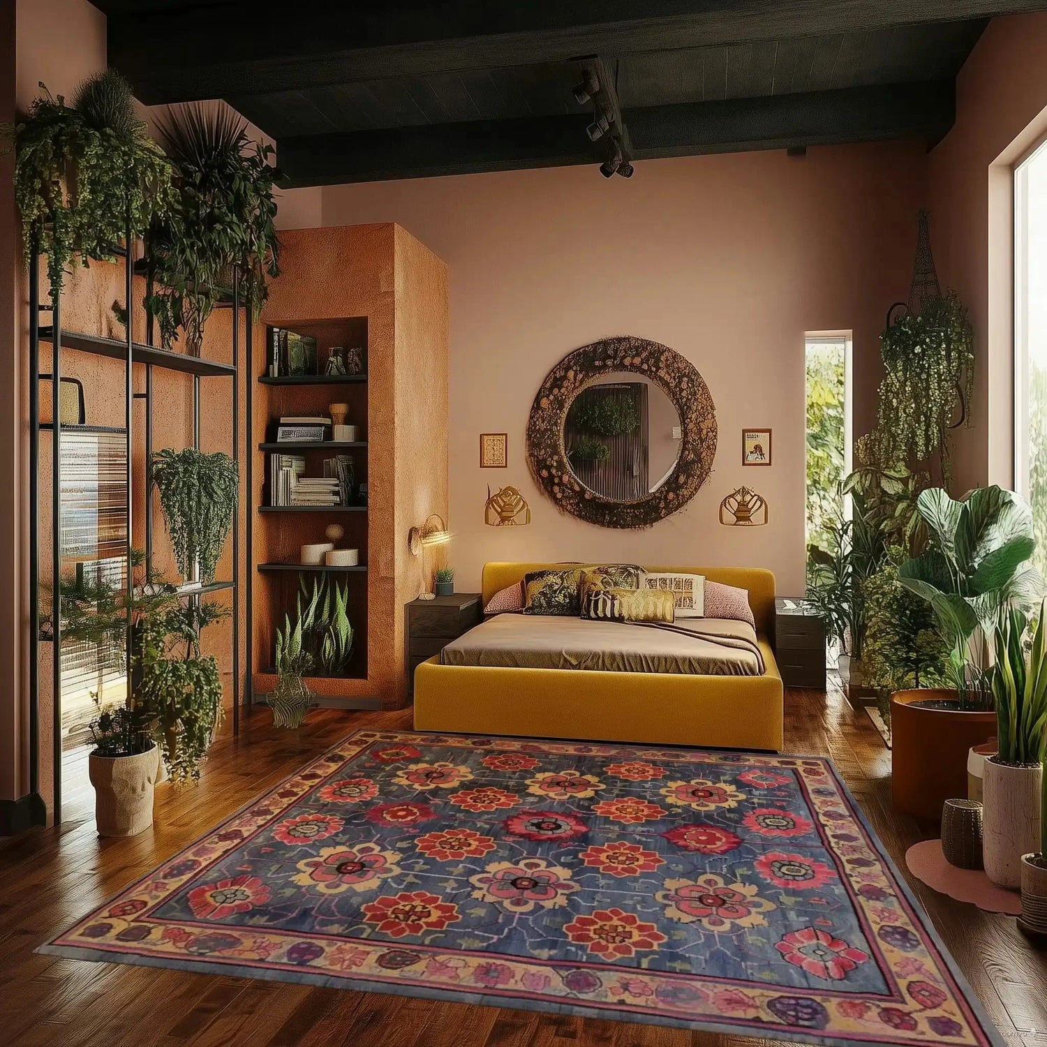 A vibrant Floral Fusion Hand Tufted Rug adds a pop of color to a modern bedroom with lush greenery and earthy tones. This square area rug features intricate floral patterns, perfect for offices or living rooms. Its vintage charm and wool texture make it an ideal large area rug for creating a cozy atmosphere.