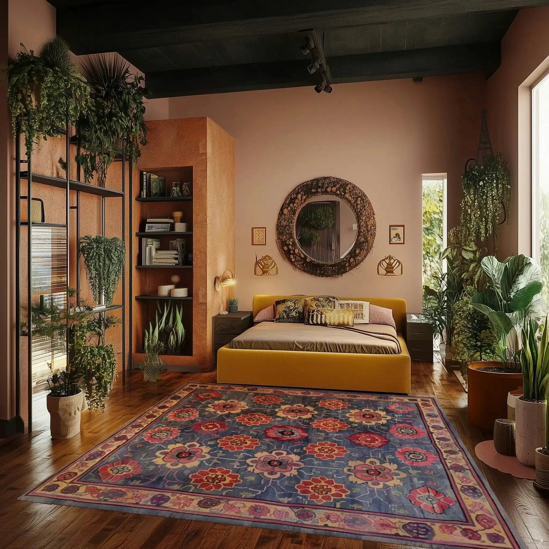 A vibrant Floral Fusion Hand Tufted Rug adds a pop of color to a modern bedroom with lush greenery and earthy tones. This square area rug features intricate floral patterns, perfect for offices or living rooms. Its vintage charm and wool texture make it an ideal large area rug for creating a cozy atmosphere.