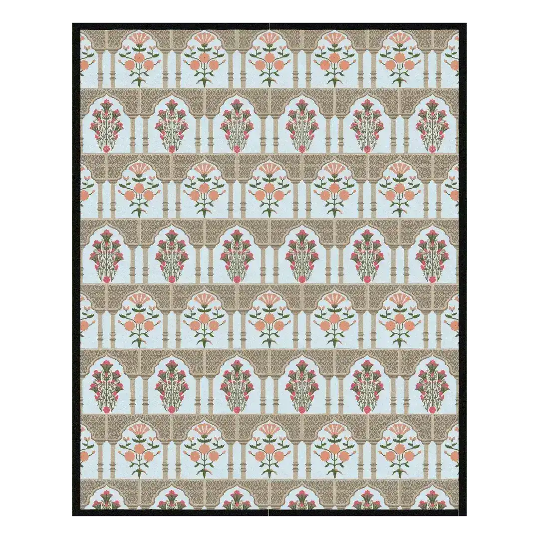 A beautifully designed Floral Gates Hand Tufted Area Rug with a striking black border. The wool rug features intricate floral patterns in vibrant colors, perfect for enhancing the aesthetics of a living room. This area rug is ideal for those seeking elegant area rugs for living room settings.