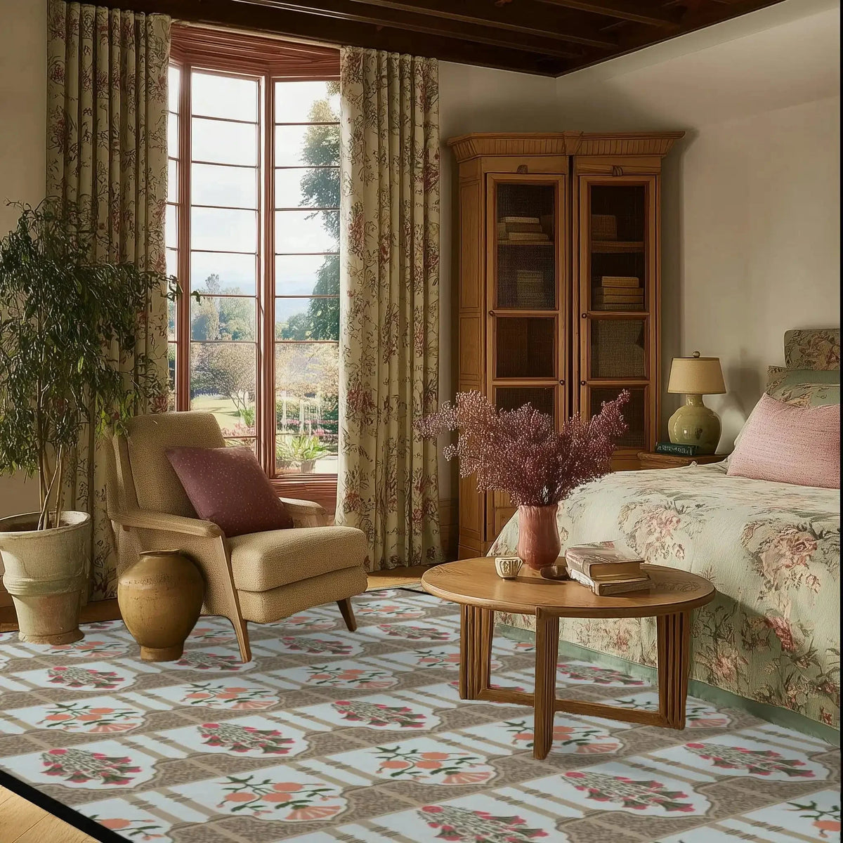 A cozy living room featuring the Floral Gates Hand Tufted Area Rug with a black border. This elegant wool rug showcases a beautiful floral pattern that complements the room's decor. Ideal for adding warmth and style to any living room, it's one of the perfect area rugs for living room settings.