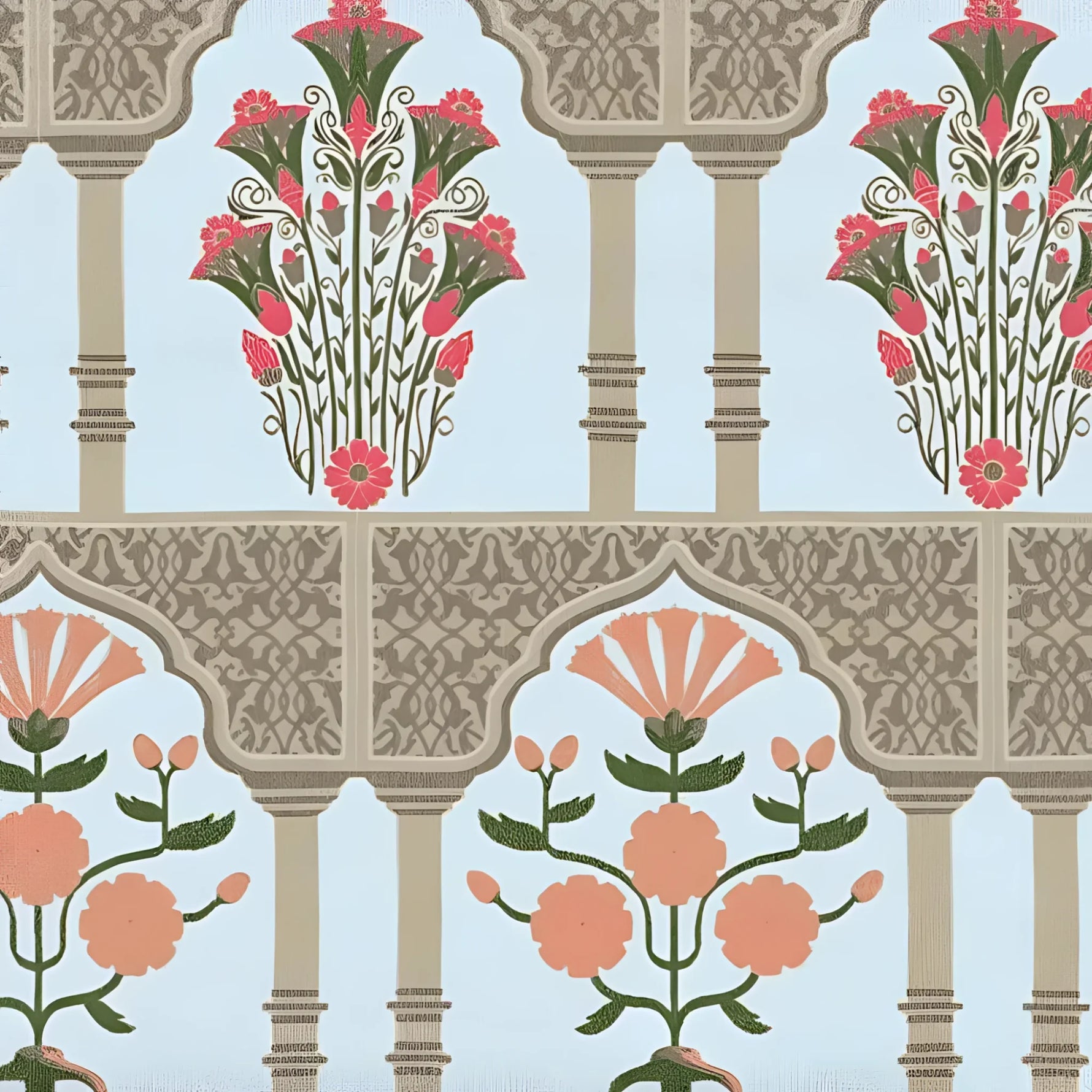 A close-up view of the Floral Gates Hand Tufted Rug, featuring a detailed black border with intricate floral patterns in vibrant colors. This wool area rug is perfect for adding elegance to any living room decor, making it an ideal choice for area rugs for living rooms.