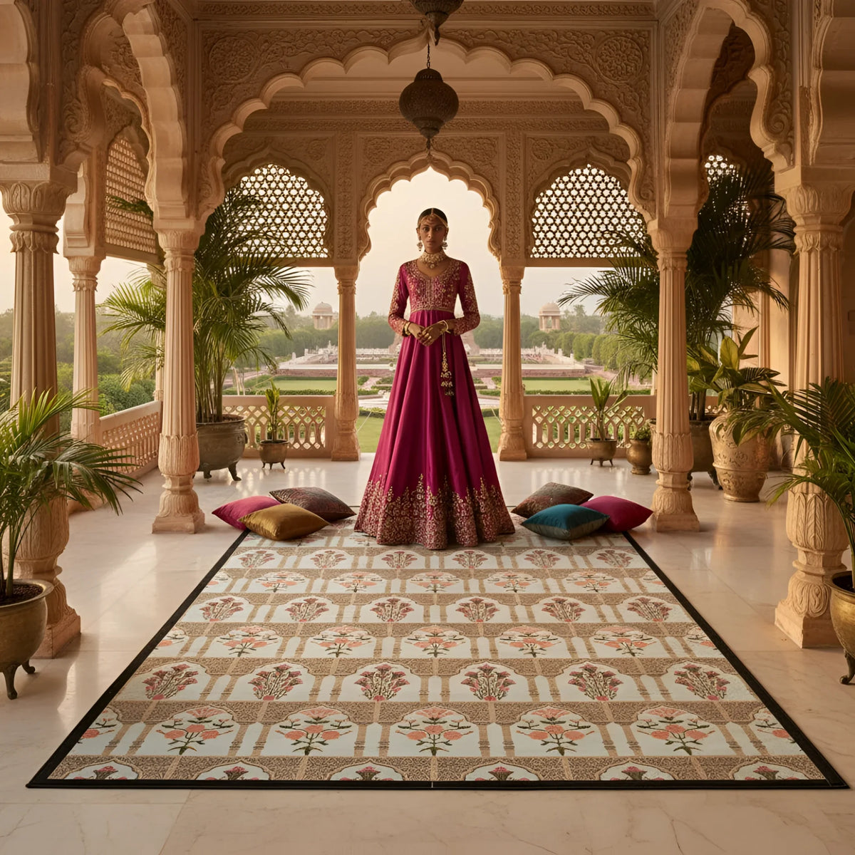 Woman in a traditional pink and gold outfit standing in an ornate room with a large patterned rug.