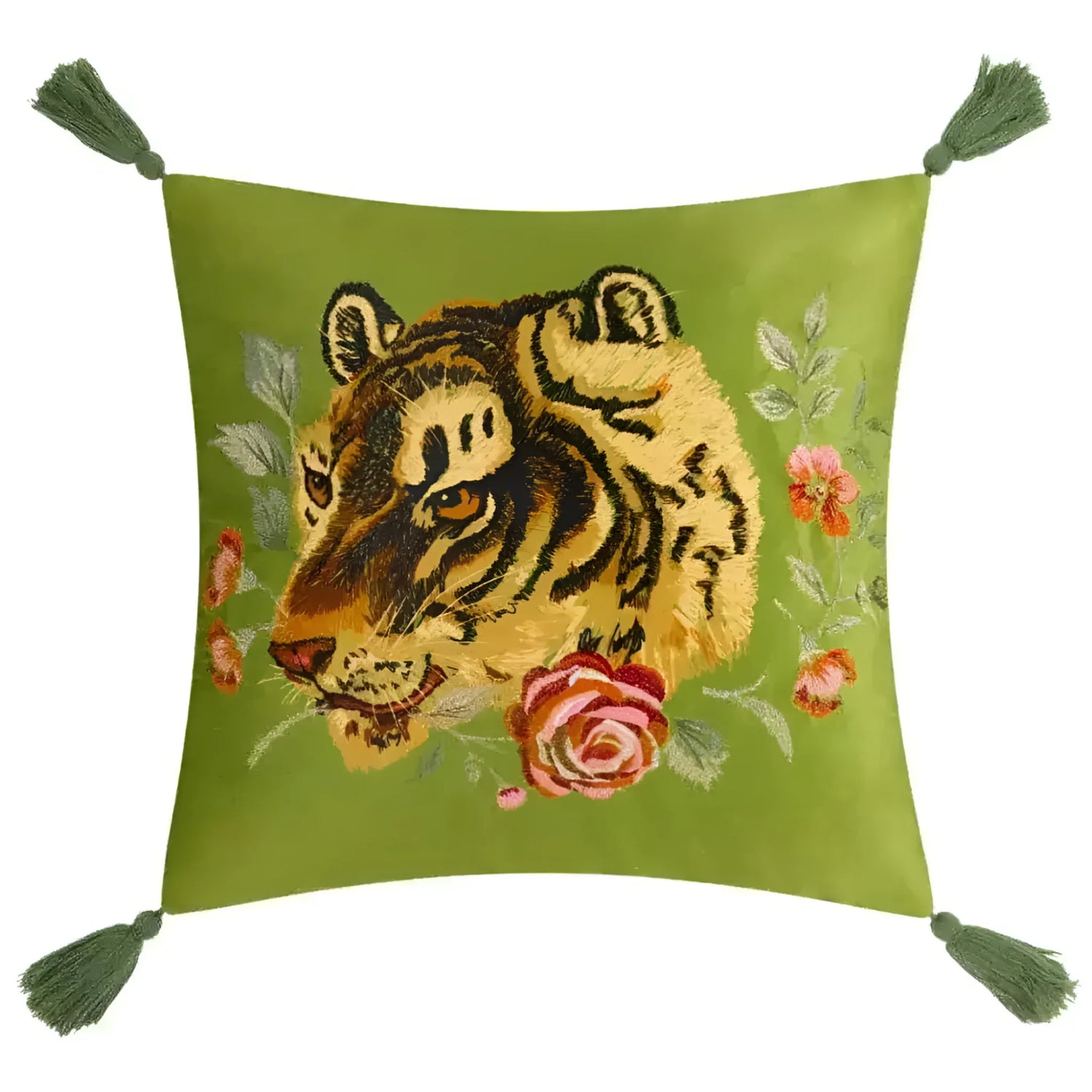 Floral green throw pillow featuring an embroidered tiger design with tassels, perfect for decorative use.