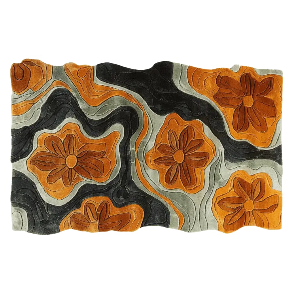 Top view of the Floral Groove Valley hand-tufted area rug, featuring a contemporary design with bold orange floral patterns against a black and cream background. This wool rug adds a vibrant touch to any living room, perfect for those seeking unique area rugs for living room decor.