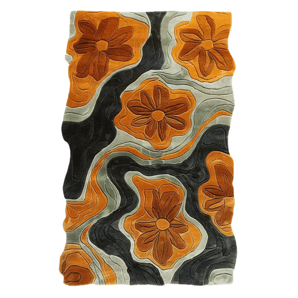 Top view of the Floral Groove Valley Hand Tufted Rug, a contemporary area rug featuring abstract floral patterns in warm shades of orange and black. This wool rug is perfect for adding a stylish touch to your living room decor.