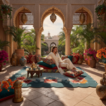 Woman sitting on a colorful rug in a decorative outdoor setting with plants and architectural elements.