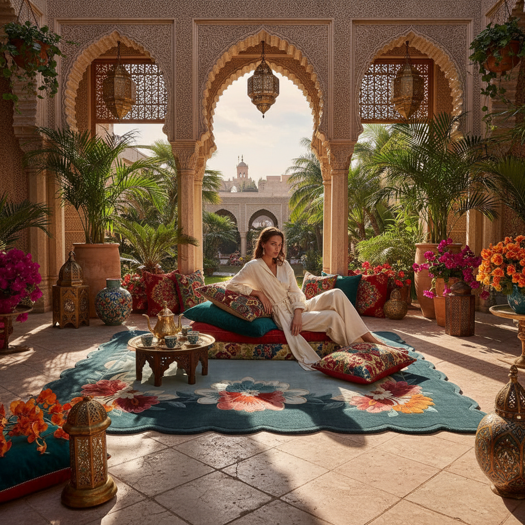 Woman sitting on a colorful rug in a decorative outdoor setting with plants and architectural elements.