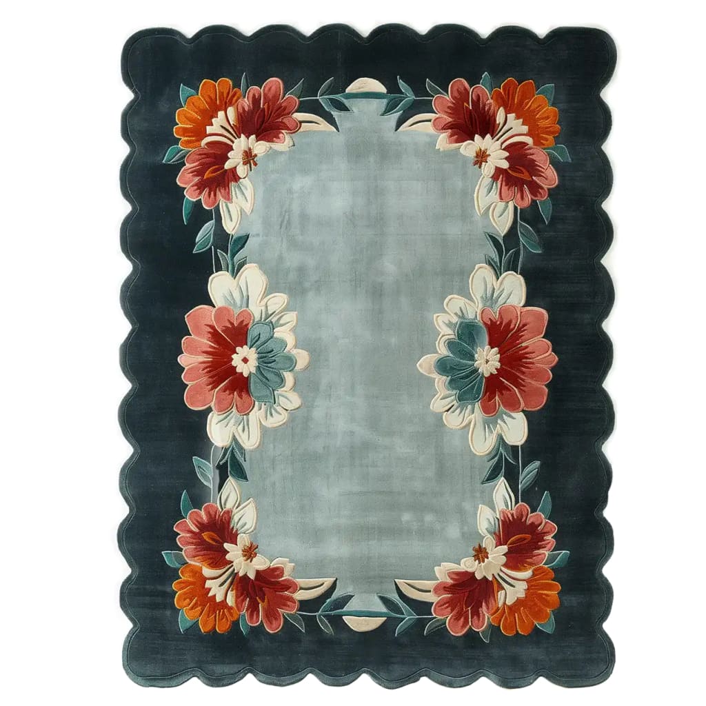 This elegant area rug, perfect for living room spaces, showcases a beautiful floral design with vibrant red, orange, and teal flowers on a soft grey background. The hand-tufted wool construction adds a luxurious feel, making it a standout piece among living room rugs sized 8x10. Ideal for those seeking a floral rug that combines style and comfort.