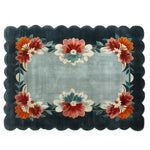 A beautifully designed Floral Harmony Hand Tufted Wool Rug, perfect for adding elegance to any living room. This area rug features vibrant floral patterns with shades of red, orange, and teal against a dark scalloped border, making it an ideal choice for living room rugs 8x10. Crafted from high-quality wool, this floral rug combines style and comfort, perfect for those seeking area rugs for living room decor.