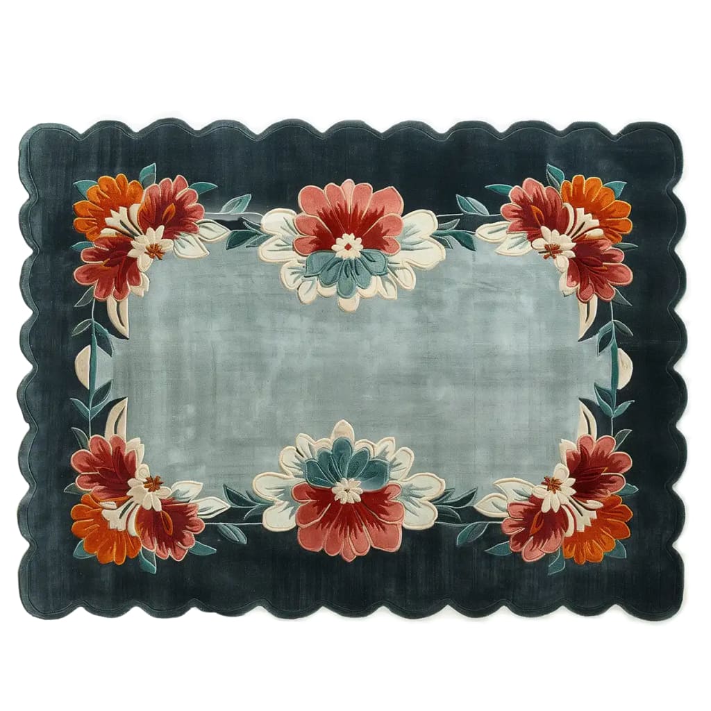 A beautifully designed Floral Harmony Hand Tufted Wool Rug, perfect for adding elegance to any living room. This area rug features vibrant floral patterns with shades of red, orange, and teal against a dark scalloped border, making it an ideal choice for living room rugs 8x10. Crafted from high-quality wool, this floral rug combines style and comfort, perfect for those seeking area rugs for living room decor.