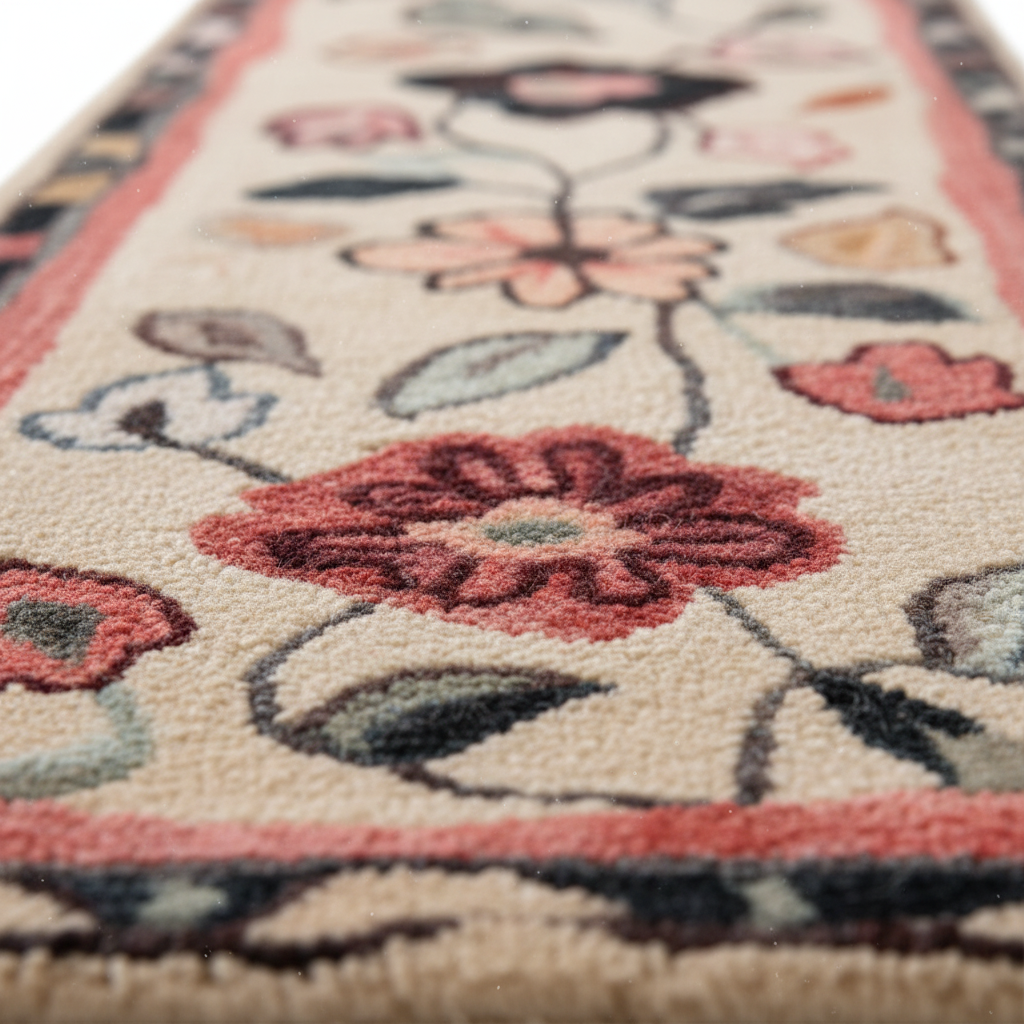 Close-up of a floral patterned rug with red flowers and green leaves.