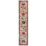 A beautifully designed Floral Haven Hand Tufted Wool Runner Rug featuring an intricate floral pattern in rich reds, pinks, and creams, perfect for adding warmth to kitchens, hallways, or bathrooms. This elegant wool rug is ideal for use as a kitchen runner rug, hallway runner rug, or bathroom runner rug.
