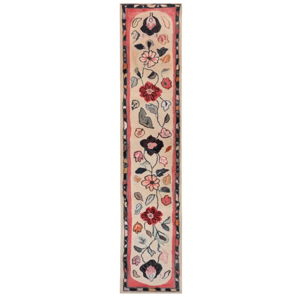 A beautifully designed Floral Haven Hand Tufted Wool Runner Rug featuring an intricate floral pattern in rich reds, pinks, and creams, perfect for adding warmth to kitchens, hallways, or bathrooms. This elegant wool rug is ideal for use as a kitchen runner rug, hallway runner rug, or bathroom runner rug.