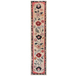A beautifully designed Floral Haven Hand Tufted Wool Runner Rug featuring an intricate floral pattern in rich reds, pinks, and creams, perfect for adding warmth to kitchens, hallways, or bathrooms. This elegant wool rug is ideal for use as a kitchen runner rug, hallway runner rug, or bathroom runner rug.