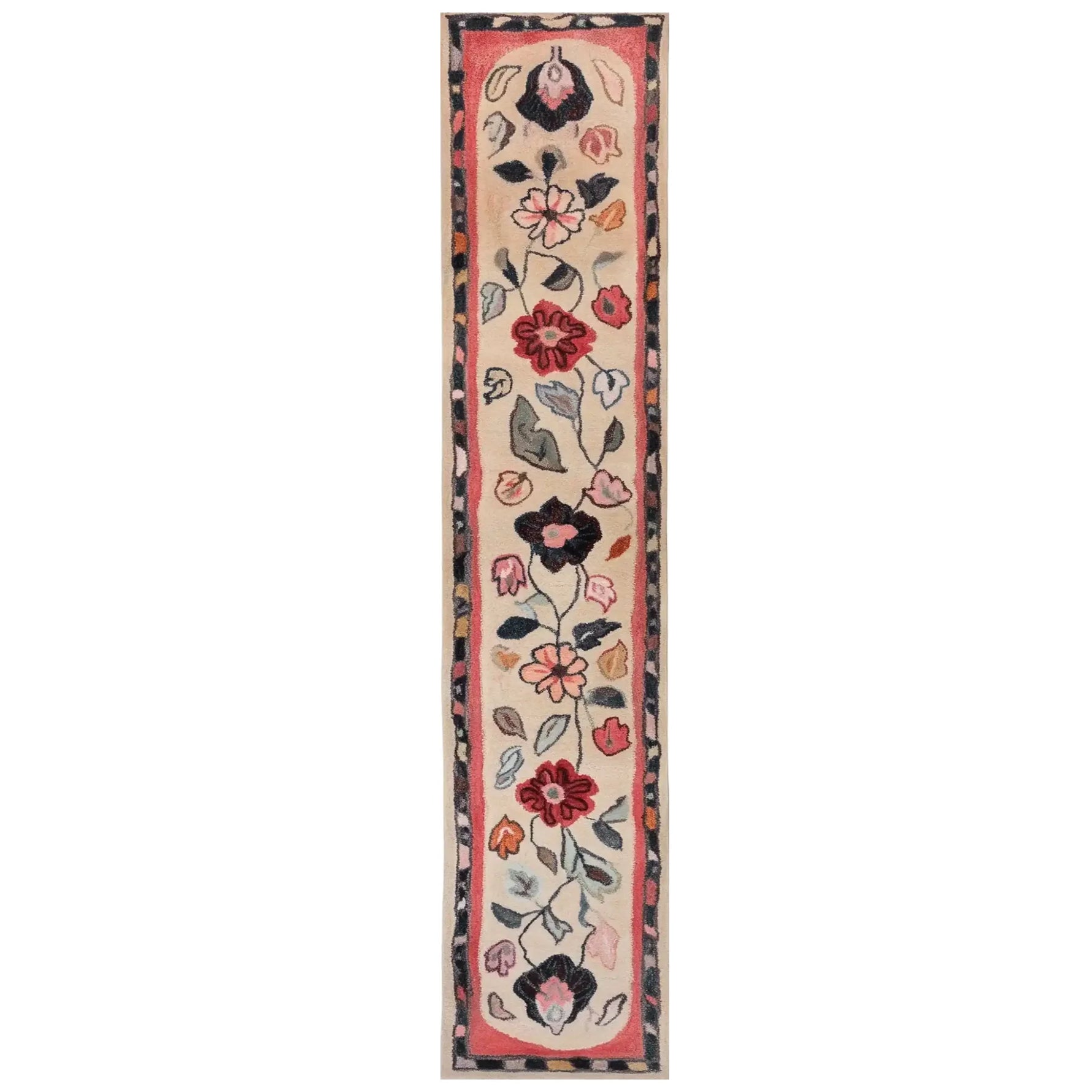 A beautifully designed Floral Haven Hand Tufted Wool Runner Rug featuring an intricate floral pattern in rich reds, pinks, and creams, perfect for adding warmth to kitchens, hallways, or bathrooms. This elegant wool rug is ideal for use as a kitchen runner rug, hallway runner rug, or bathroom runner rug.