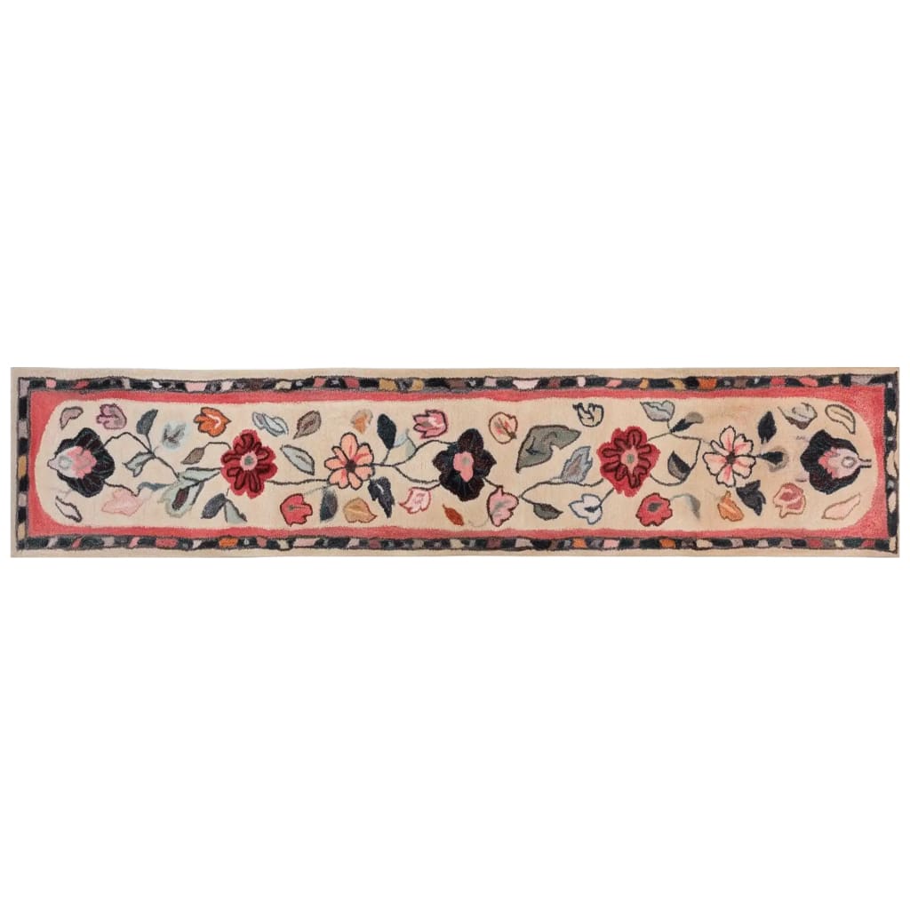 Elegant Floral Haven Hand Tufted Wool Runner Rug featuring vibrant flower patterns in shades of red, pink, and black on a beige background. Perfect for adding warmth and style to kitchens, hallways, or bathrooms.