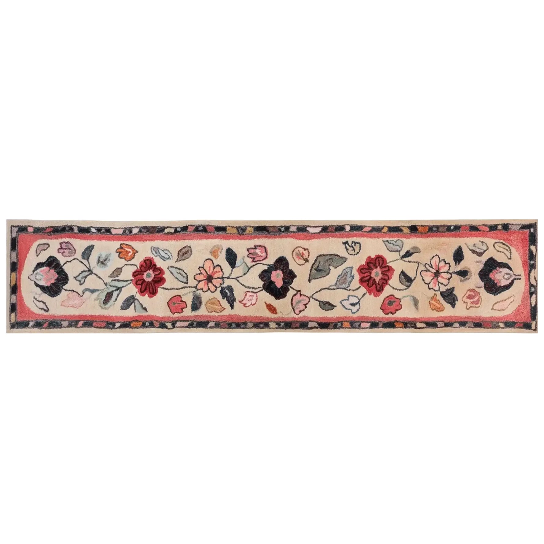 Elegant Floral Haven Hand Tufted Wool Runner Rug featuring vibrant flower patterns in shades of red, pink, and black on a beige background. Perfect for adding warmth and style to kitchens, hallways, or bathrooms.