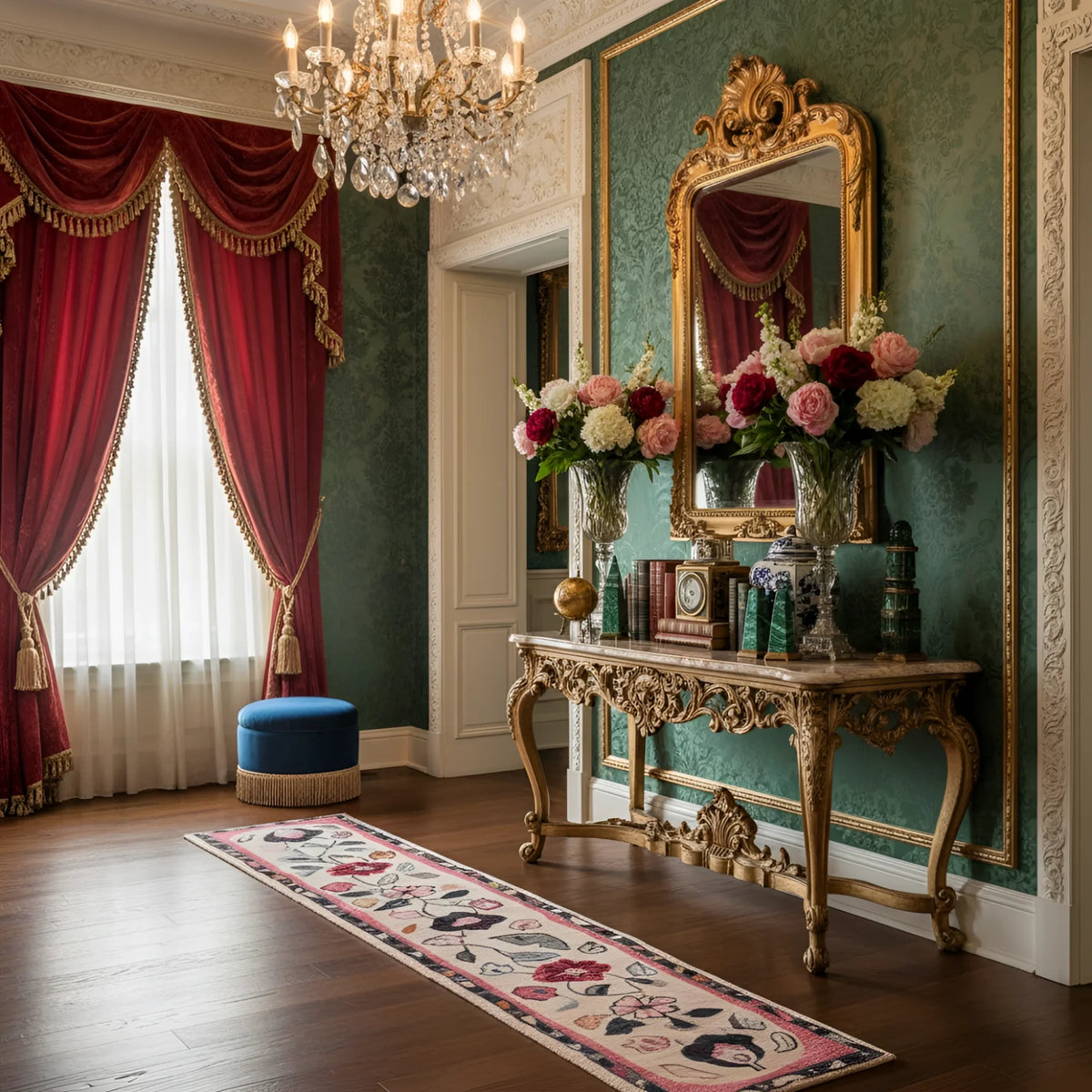 Luxurious interior with an ornate mirror, a floral rug, a floral arrangement, and a decorative table.