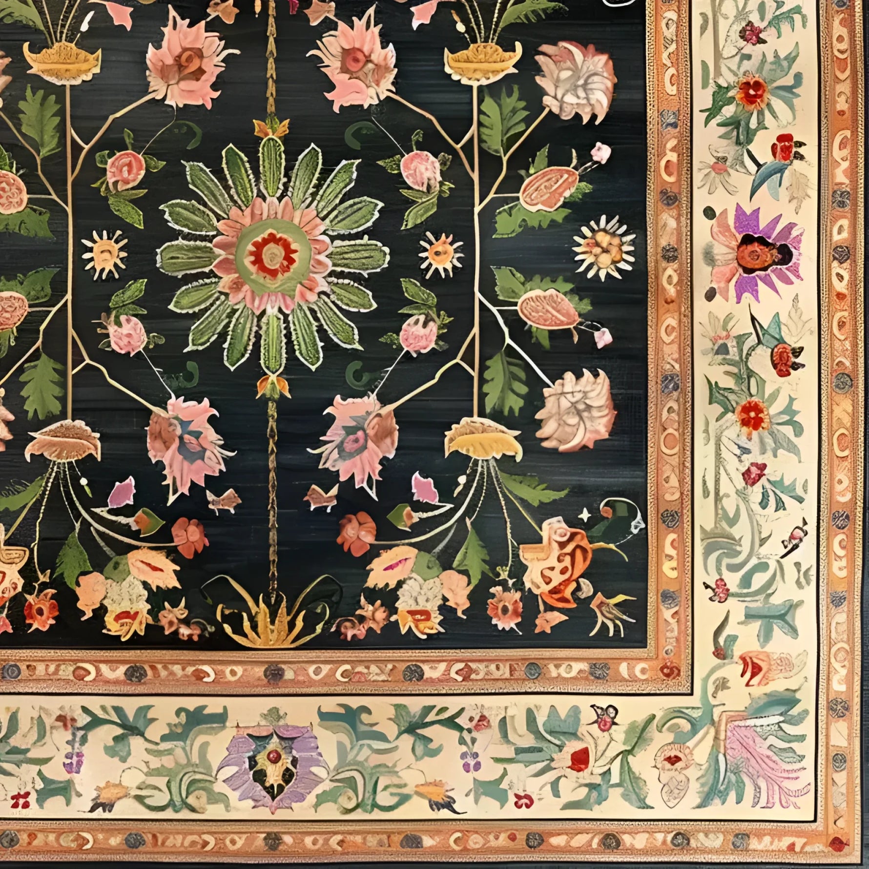 This elegant Floral Heritage Wool Hand Knotted Area Rug features a rich, intricate floral pattern with vibrant colors on a dark background, bordered by a detailed design. Perfect as a square area rug for living rooms and dining rooms, this wool rug adds a touch of Persian elegance, making it an ideal choice for under a dining table.