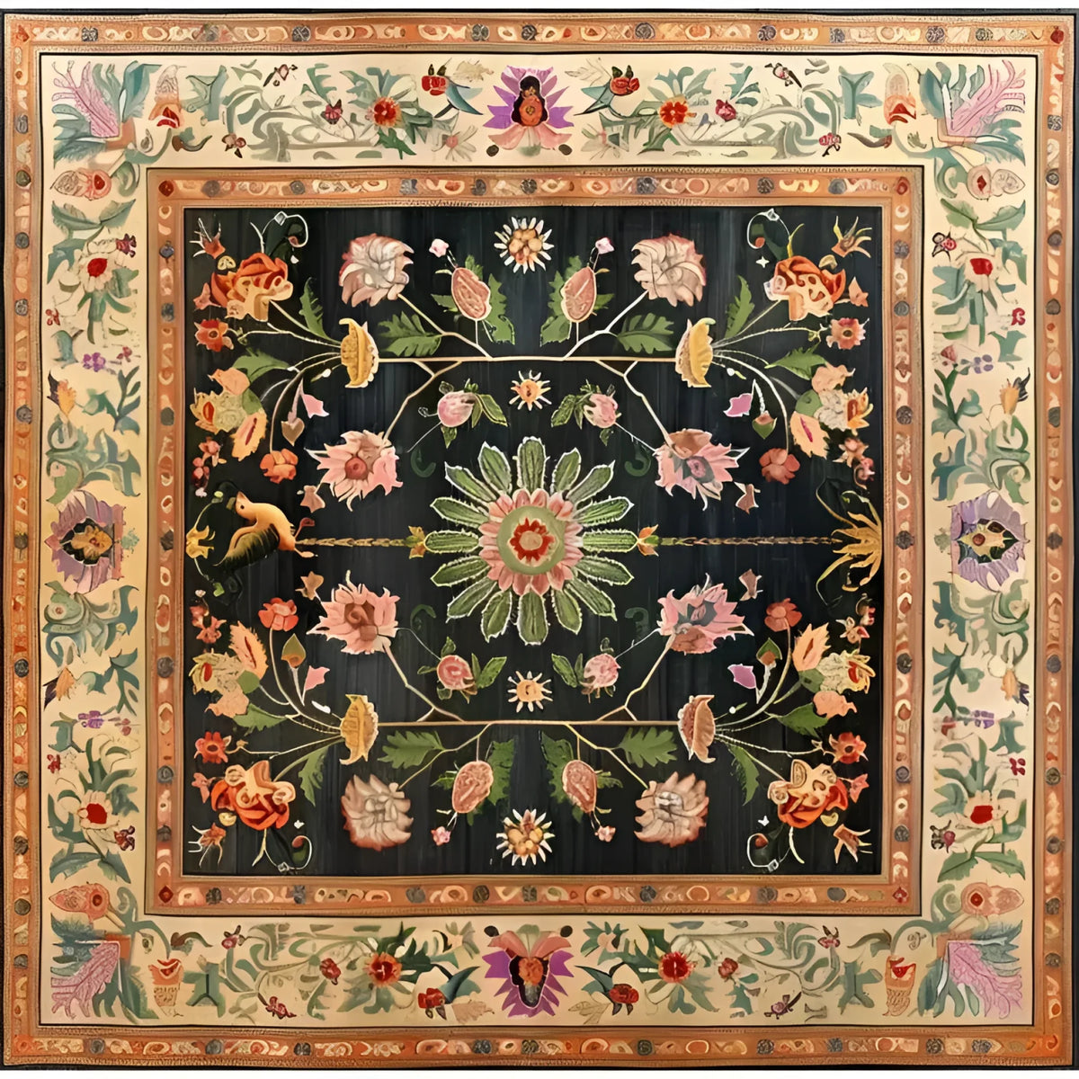 Beautiful Floral Heritage Wool Hand Knotted Area Rug featuring intricate floral patterns in vibrant colors. This square area rug is ideal for dining rooms and living areas, offering a touch of elegance and style. Perfect as a dining table rug or a statement piece among living room and dining room rugs. Crafted in the Persian rug tradition with luxurious wool, this floral rug adds a timeless charm.