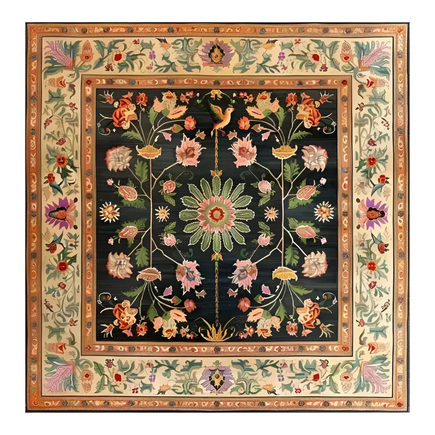 Elegant Floral Heritage Wool Hand Knotted Area Rug featuring a vibrant design with intricate floral patterns. This square area rug, perfect for both living room and dining room, showcases a rich palette of colors reminiscent of traditional Persian rugs, adding a touch of luxury to any dining room setting. Ideal as a dining table rug, this wool rug combines beauty and durability.