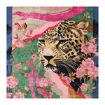 Decorative rug with a jaguar design surrounded by flowers on a colorful background