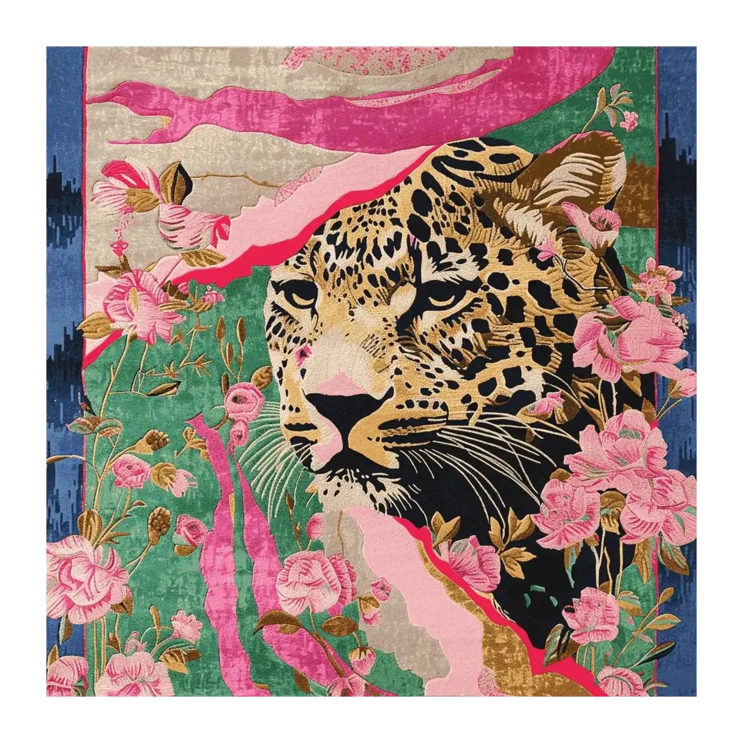 Decorative rug with a jaguar design surrounded by flowers on a colorful background