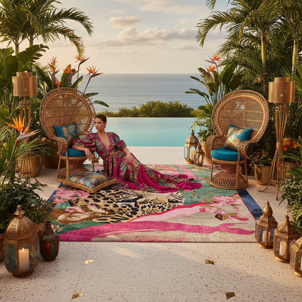 Woman in a colorful dress sitting on a patterned rug with ocean view