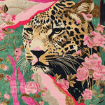 A vibrant hand-tufted area rug featuring a majestic jaguar surrounded by colorful floral patterns. This wool rug is perfect for adding a touch of elegance to any living room. The square design showcases intricate details with a mix of pink, green, and gold hues, making it an ideal choice for those seeking a unique square area rug or floral rug for their space.