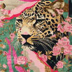 A vibrant hand-tufted area rug featuring a majestic jaguar surrounded by colorful floral patterns. This wool rug is perfect for adding a touch of elegance to any living room. The square design showcases intricate details with a mix of pink, green, and gold hues, making it an ideal choice for those seeking a unique square area rug or floral rug for their space.