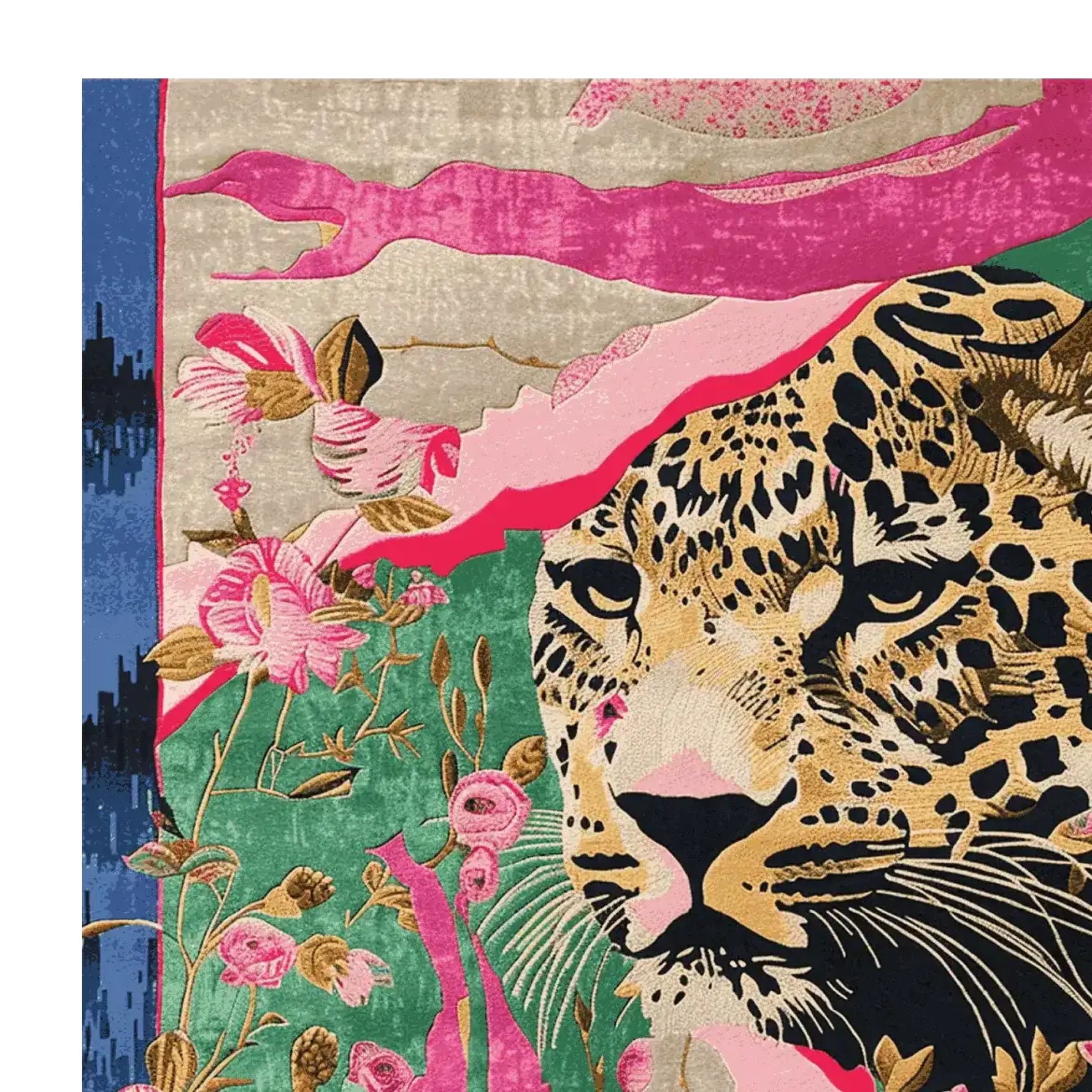 A vibrant hand-tufted area rug featuring a striking floral and jaguar design, perfect for adding a bold statement to any living room. This square wool rug combines rich colors and intricate patterns, making it an ideal choice for those seeking unique rugs for living room spaces.