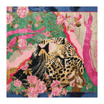 Floral Jaguar Reign Hand Tufted Rug featuring a vibrant and artistic depiction of a jaguar surrounded by pink flowers and colorful abstract patterns. This square area rug, made from high-quality wool, is perfect for adding a bold statement in living rooms. Ideal for those seeking unique rugs for living room decor.