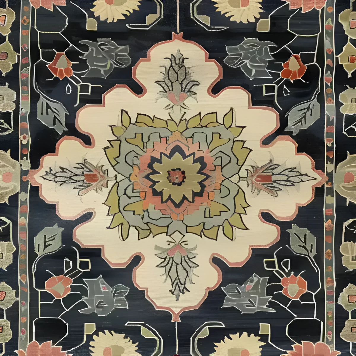 A beautifully hand-knotted wool area rug featuring intricate floral designs with a Persian-inspired motif. This medium-sized rug showcases a harmonious blend of colors, making it perfect for enhancing the aesthetic of your living room or office space. Ideal for those seeking elegant and timeless living room area rugs.