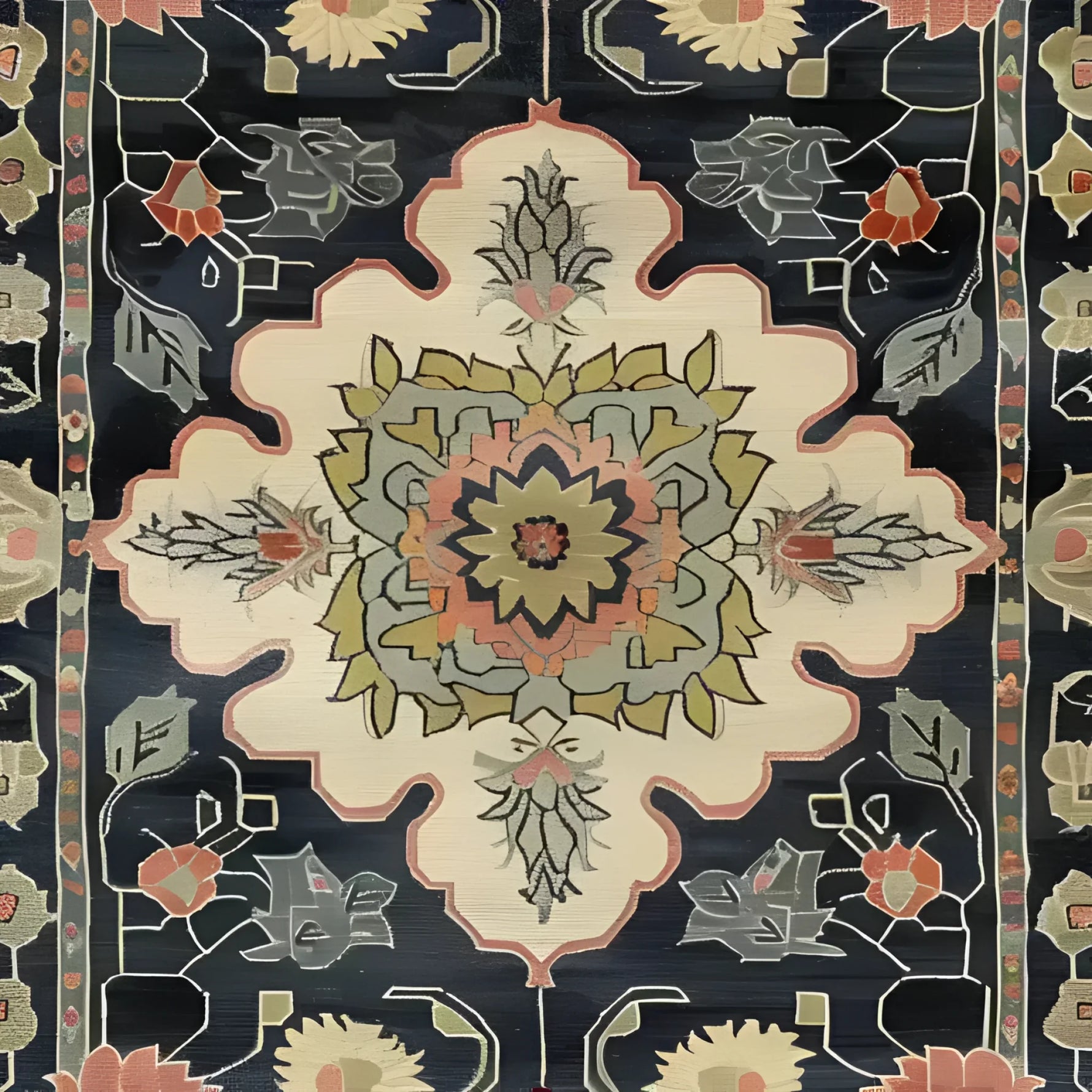 A beautifully hand-knotted wool area rug featuring intricate floral designs with a Persian-inspired motif. This medium-sized rug showcases a harmonious blend of colors, making it perfect for enhancing the aesthetic of your living room or office space. Ideal for those seeking elegant and timeless living room area rugs.