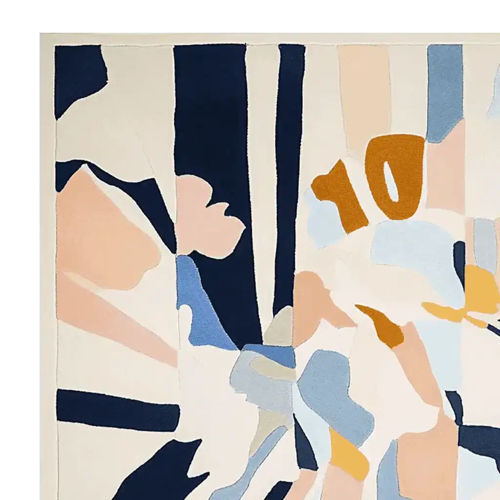 Top view of a contemporary area rug featuring a hand-tufted floral light surge design. This 8x10 wool rug showcases a blend of soft pastel and bold colors, perfect for enhancing any living room with a modern touch.