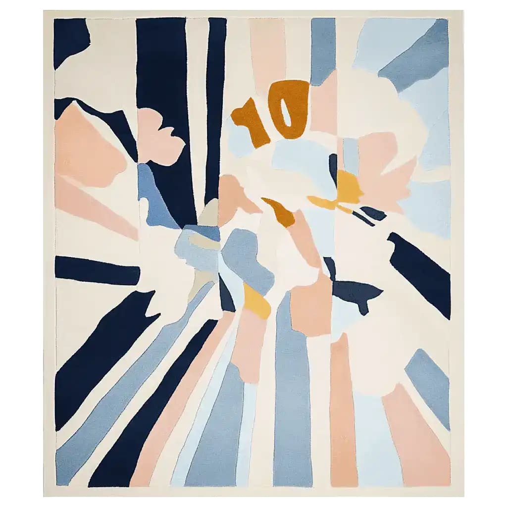 This vibrant Floral Light Surge Hand Tufted Area Rug features a contemporary abstract design with bold splashes of navy, light blue, pink, and orange. Perfect for adding a modern touch to your living room, this 8x10 wool rug combines style and comfort seamlessly.