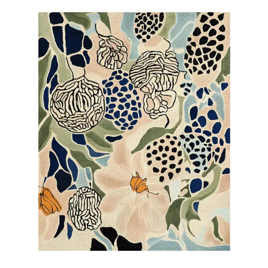 The Floral Matrix Dream Hand Tufted Rug features an abstract floral pattern in a mix of blues, greens, and oranges, perfect as an area rug for a large living room. This contemporary wool rug adds a stylish touch to any space with its intricate design.
